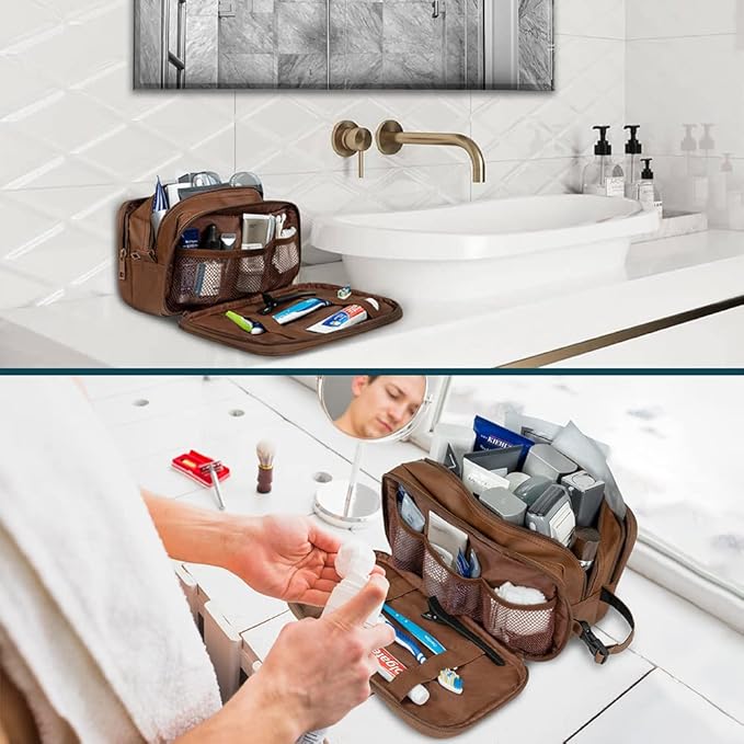 PAVILIA Toiletry Bag for Men, Travel Toiletries Bag | Water-resistant Dopp Kit, PU Leather Shaving Pouch Organizer for Accessories, Cosmetic, Hygiene, Grooming Essentials (Brown)