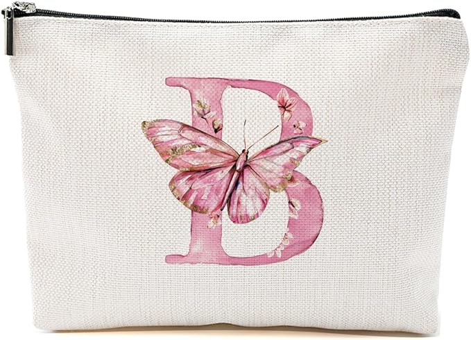 CSHVJ Initial Makeup Bag Pink Butterfly B Personalized Cosmetic Bag Monogrammed Gifts for Women Girls Bride Boss Monogram Zipper Pouch for Friendship Mothers Day Birthday Wedding Bridal Shower Gifts