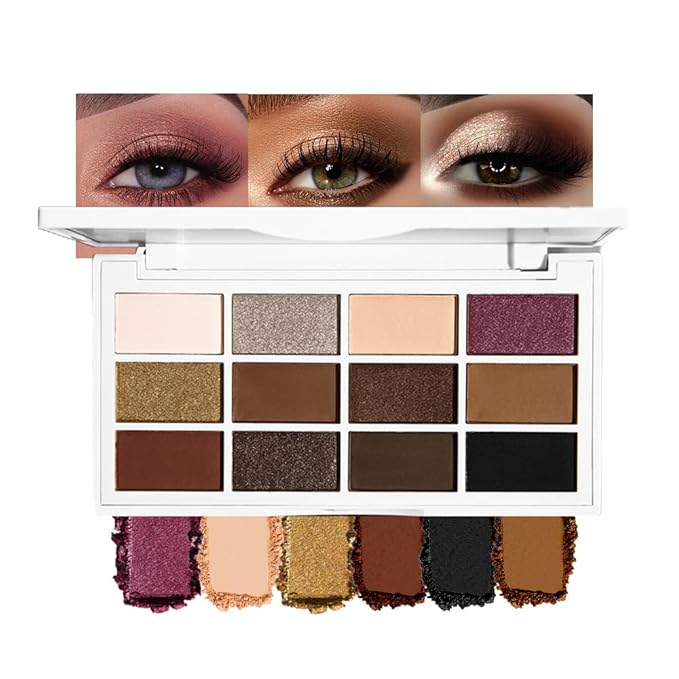 JUAAZIN 12 Colors Matte Shimmer Eyeshadow - Cool-toned Eyeshadow Palette, Long-Lasting Waterproof Crease-Proof Pigmented, Built-In Mirror, Vegan Cruelty-Free for Daily & Glam Makeup Looks 02#
