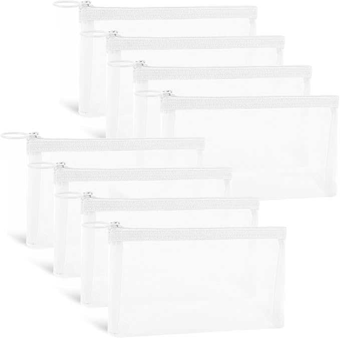 Fassave 8 Pack Mini Zipper Mesh Makeup Bags, Nylon Cosmetic Bags Toiletry Purse Travel Organizer Bags Inside Bag for Office Travel Organization (Widened-White, M)