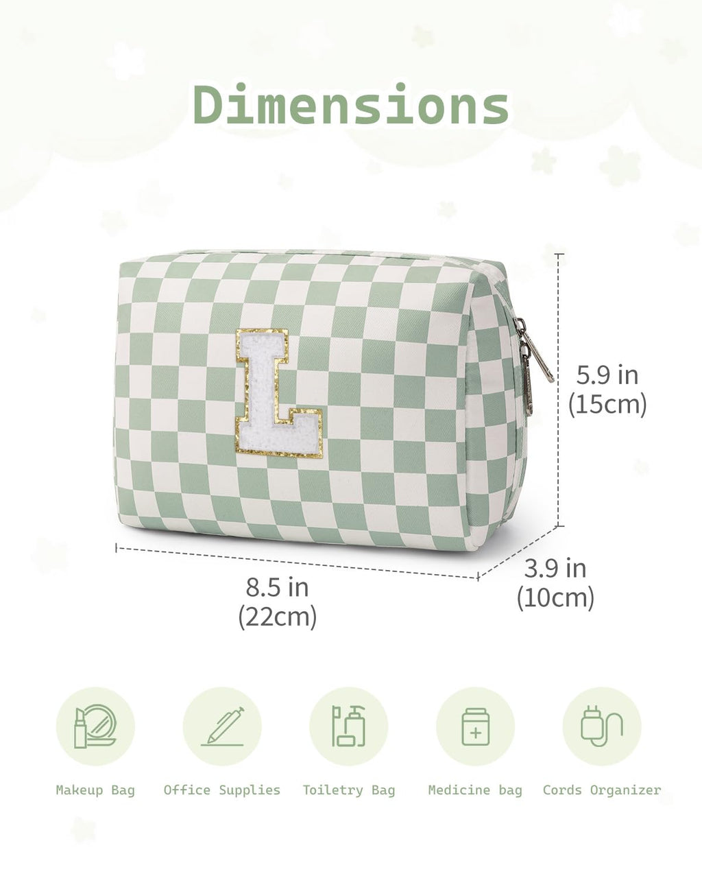 Narwey Birthday Gifts for Teen Girls Women Personalized Initial Checkered Makeup Bag Preppy Cosmetic Bag Trendy Stuff 6 8 10 11 12 13 14 16 18 Years Old Travel Toiletry Bag (Green Letter L)