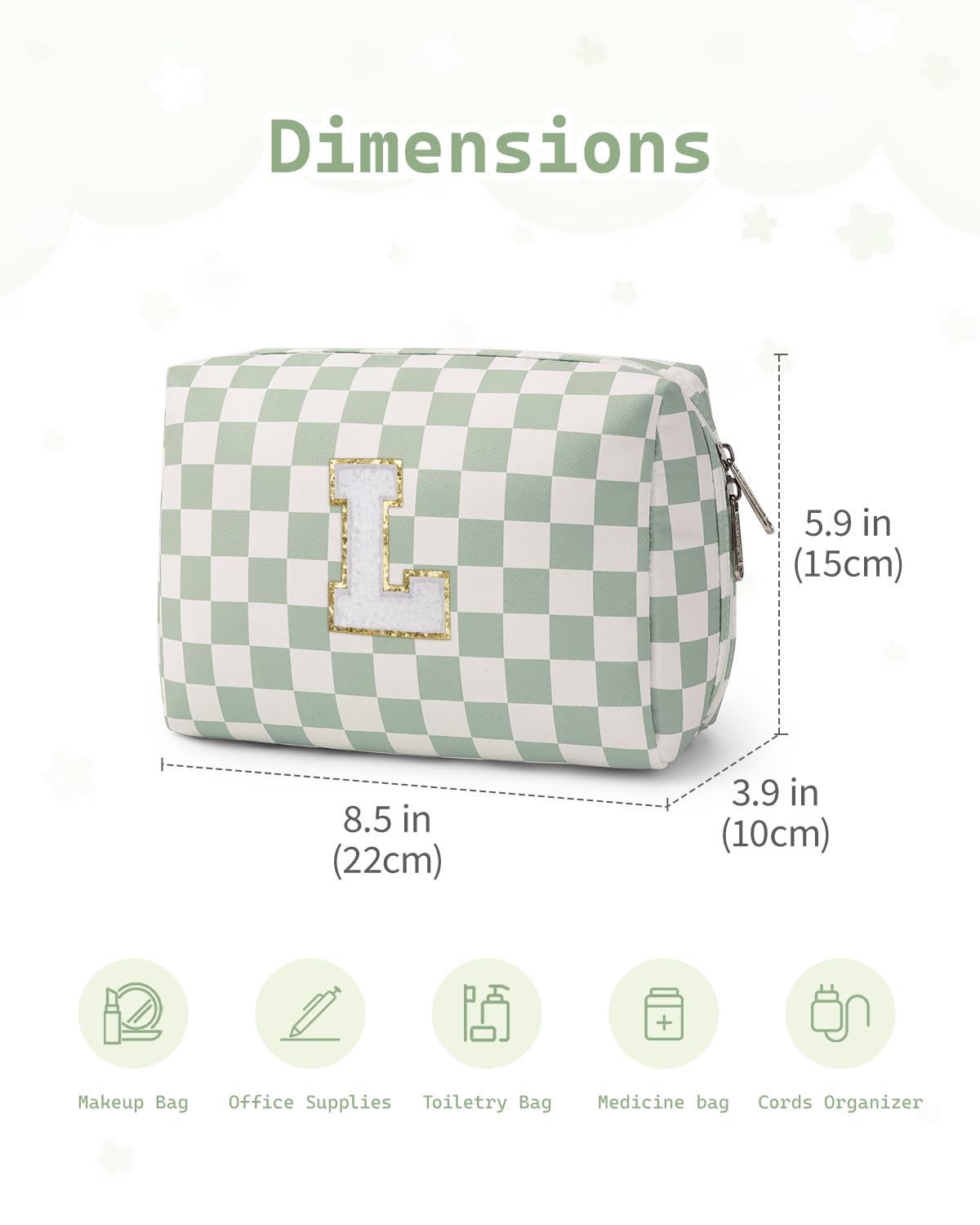Narwey Birthday Gifts for Teen Girls Women Personalized Initial Checkered Makeup Bag Preppy Cosmetic Bag Trendy Stuff 6 8 10 11 12 13 14 16 18 Years Old Travel Toiletry Bag (Green Letter L)