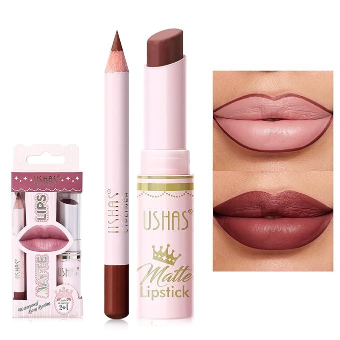 USHAS 2 in 1 Waterproof Lipstick and Lip Liner Combo Set - Long Lasting Matte Lipstick Pen with Lip Liner Set Makeup Kits (S7, Pack of 1)