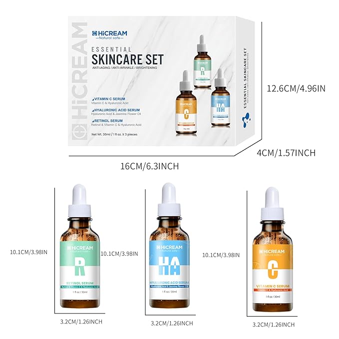 Hicream Face Serum Set - Vitamin C Serum, Hyaluronic Acid & Retinol with Hydrating, Brightening & Firming Skin, Anti-aging Skin Care Set for Women, Targets Fine Lines & Dark Spots, 1 Fl Oz (Pack of 3)