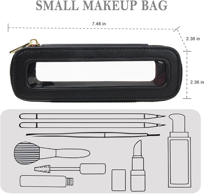 FFpaw Clear Makeup Bag, Small Makeup Bag TSA Approved Toiletry Bag Cosmetic Travel Bag Cute Makeup Bag Organizer Makeup Case Pouch Car Essentials for Women Men (Slim Black)