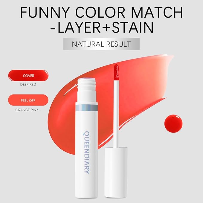 QueenDairy lip stain peel off lip gloss all day long lasting Waterproof and Transferproof lip tint - matte finish peel off lip liner (02#Playful)
