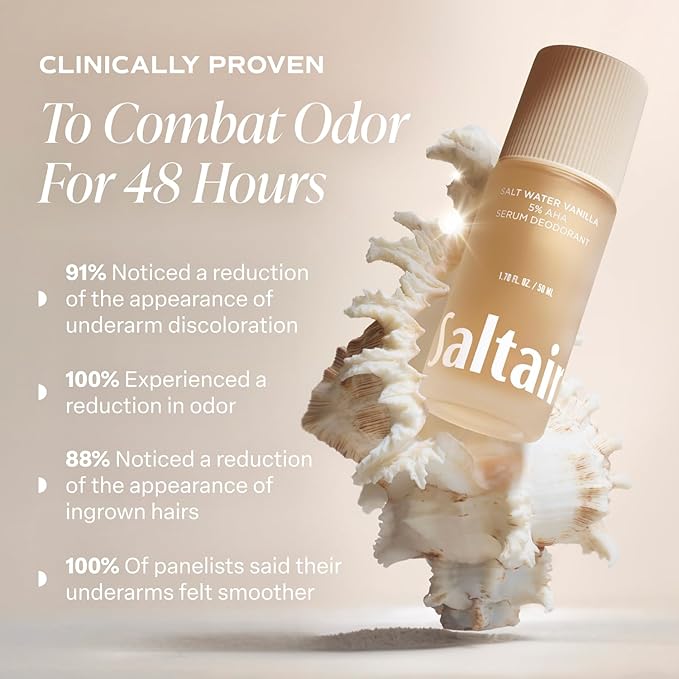 Saltair Serum Deodorant 2 Pack – Salt Water Vanilla Scent – 5% AHA – Aluminum-Free Odor Control for Women & Men – Mandelic Acid Deodorant with Lactic Acid – 2x 1.7oz Travel Roll On