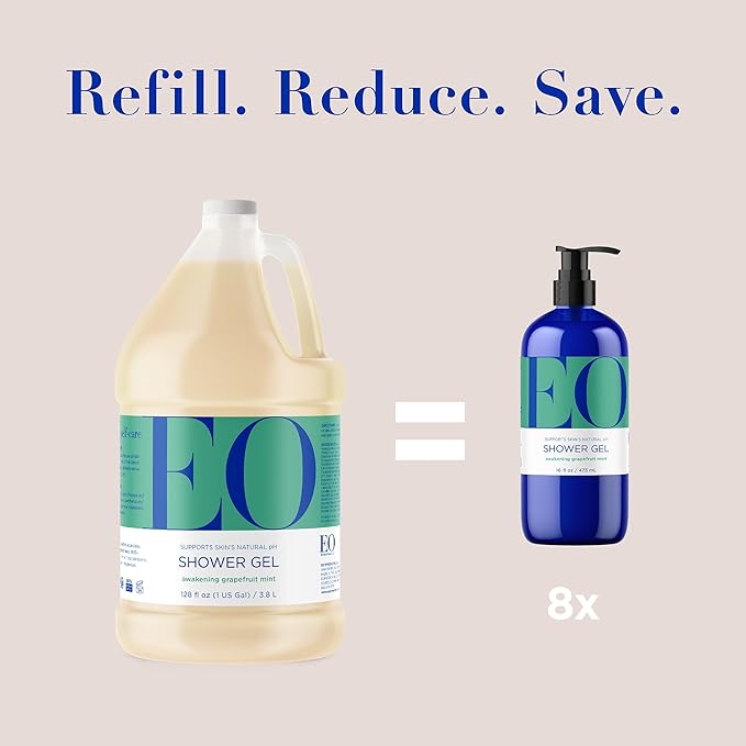 EO Shower Gel Body Wash Refill, 1 Gallon, Grapefruit and Mint, Organic Plant-Based Skin Conditioning Cleanser with Pure Essentials Oils, Pack of 1