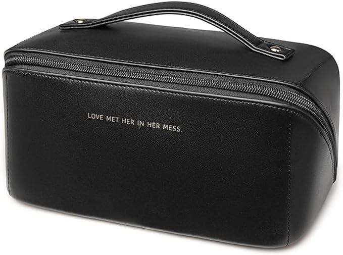 zaleeta Travel Makeup Bag, Large Capacity Cosmetic Organizer Bags for Women, Waterproof PU Leather Toiletry Bags, Wide Open Flat Makeup Case with Divider and Handle