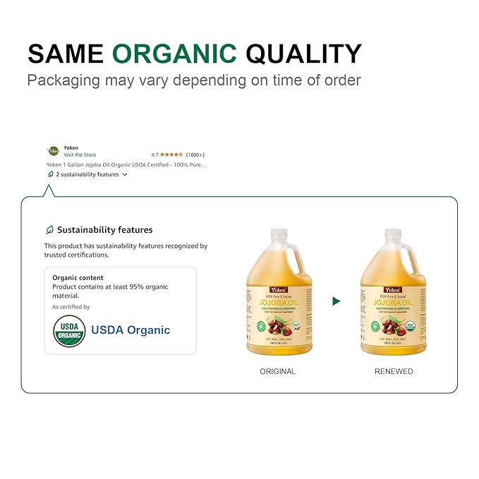 Yoken Bulk Jojoba Oil 128oz, USDA Organic Carrier Oil for DIY & Massage