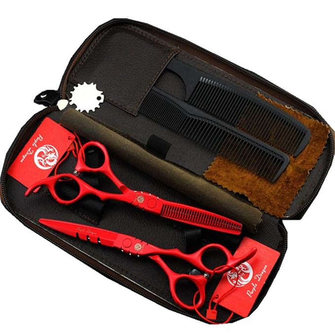 Purple Dragon 5.5 inch Hair Cutting Scissors Kit with Bag for Barbers - Red