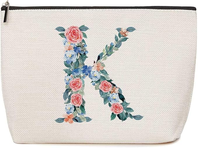Personalized Initial Letter K Makeup Bag Floral Travel Cosmetic Bag