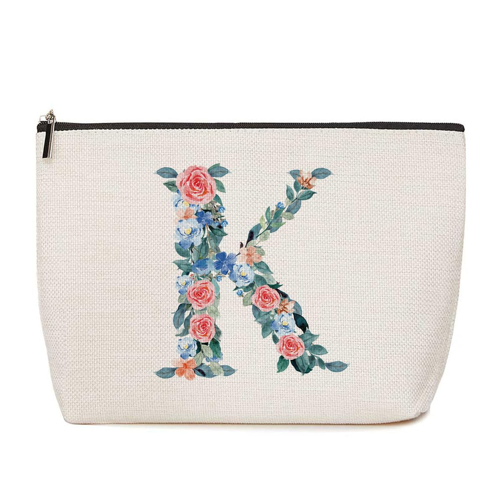 Personalized Initial Letter K Makeup Bag Floral Travel Cosmetic Bag