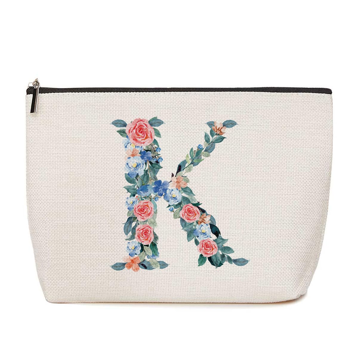 Personalized Initial Letter K Makeup Bag Floral Travel Cosmetic Bag