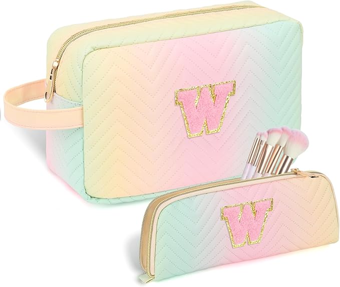 Sernaxi Personalized Initial Makeup Bag Waterproof Leather Cosmetic Bag Travel Toiletry Bag, Valentine’s Day Gift Makeup Organizer Case & Makeup Pouch for Women Teen Girls Mom Girlfriend Wife