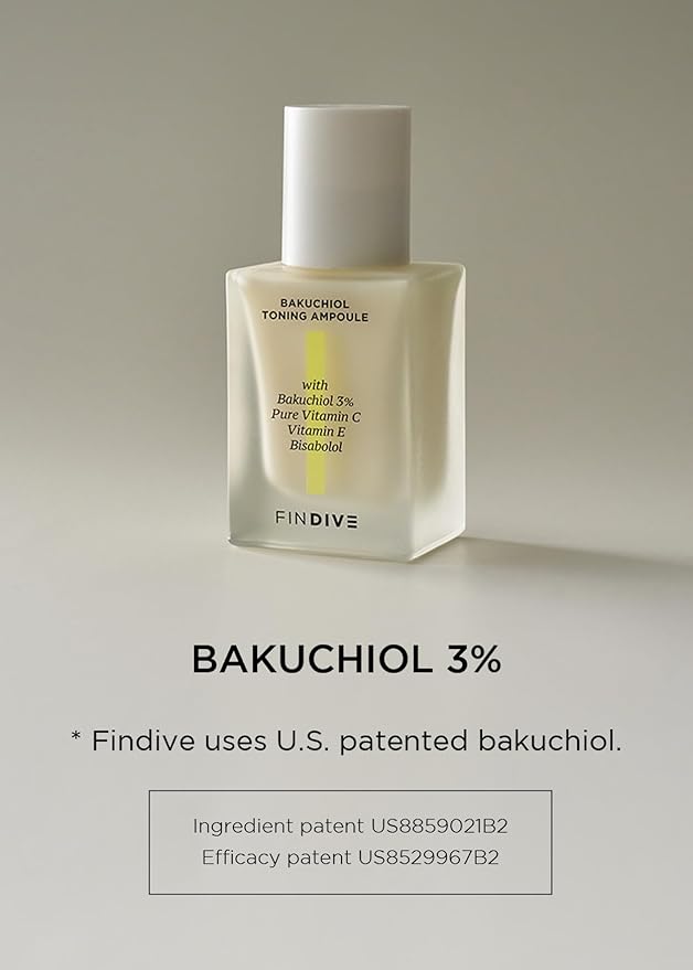 FINDIVE OFFICIAL Bakuchiol Toning Ampoule, 3% Bakuchiol, Plan-Based Retinal Alternative, Pure Vitamin C, Pure Vitamin E, Bisabolol, Brightning, Anti Wrinkle Serum, Korean Skincare 1.01fl.oz