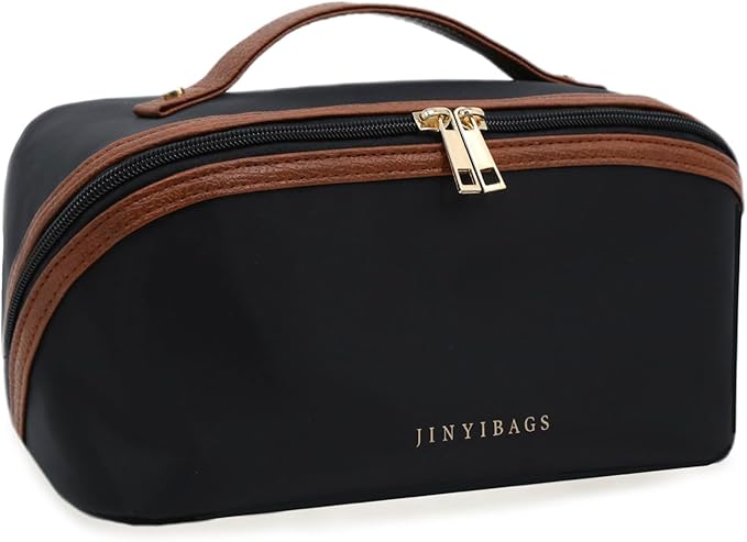JINYIBAGS Travel Makeup Bag – Large Cosmetic Organizer with Waterproof Nylon, Smooth Double Zipper & Tear-Resistant Lining, Toiletry Pouch for Women (Black)