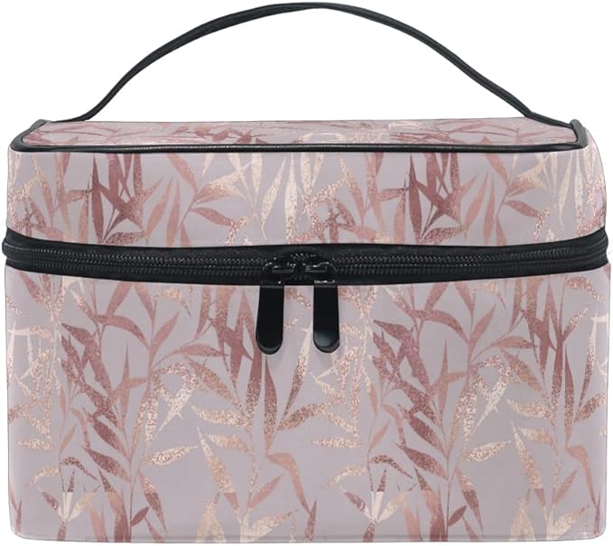 MNSRUU Makeup Bag, Rose Gold Leaves Travel Makeup Organizer Bag Cosmetic Cases Toiletry Bags for Girl Women Ladies