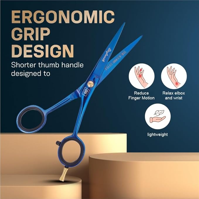Stylonik Hair Cutting Scissors-Professional Hairdressing Scissors for Women,Men,Hair Stylists,Salon,Barber- 6.5-Inch Stainless Steel Hair Scissors with Finger Rest (Classic Scissor Blue Titanium)