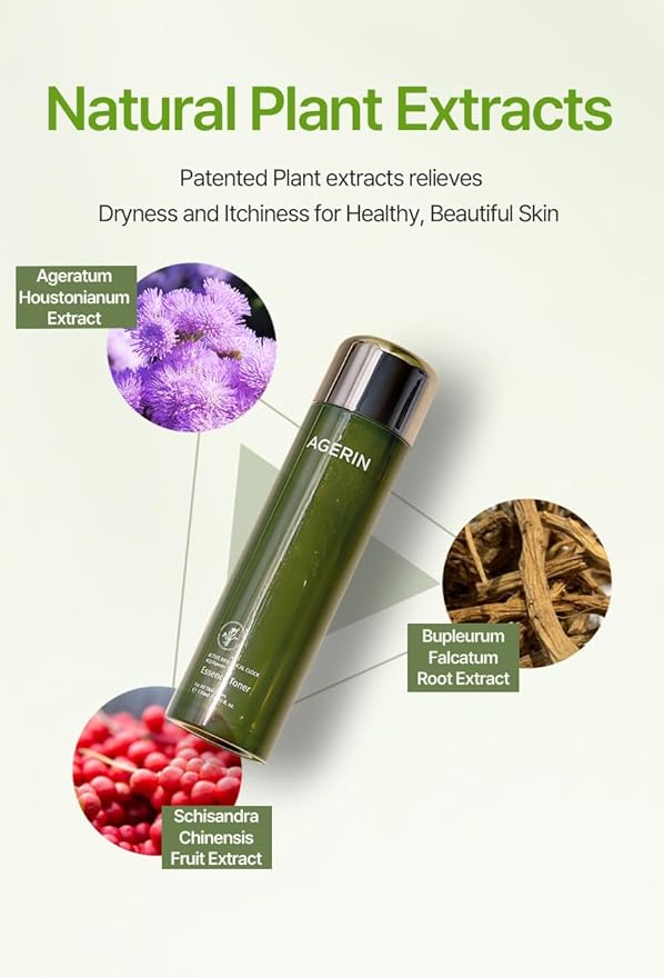 AGERIN Essence Toner with Ageratum for Sensitive and Dry Skin, Anti-Itch, Steroid Free, Skin Trouble Care, Calming Skin, Refreshing, Hydrating, Purifying, Cruelty Free, Vegan (4.39 Ounces)
