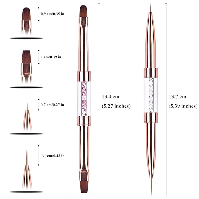 Ycyan 2Pcs Dual-ended UV Gel Nail Brush Set Rhinestone Handle Nail Art Design Brushes Professional Nail Tools Rose Gold