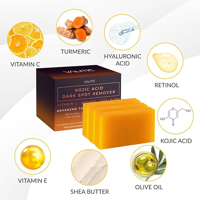 Valitic Kojic Acid Dark Spot Remover Soap Bars with Vitamin C, Retinol, Collagen, Turmeric - Original Japanese Complex Infused with Hyaluronic Acid, Vitamin E, Shea Butter, Castile Olive Oil (3 Pack)