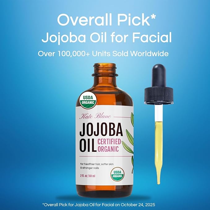 Kate Blanc Cosmetics Organic Jojoba Oil for Hair, Skin, Face, Nails (4oz) - USDA Certified, 100% Pure Cold Pressed Unrefined - Moisturizing Carrier Oil for Gua Sha, Dermaplaning, Body - Glass Bottle