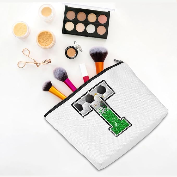 CQM Soccer Gifts Initial Makeup Bag Soccer Girl Gifts Cosmetic Bag Letter T