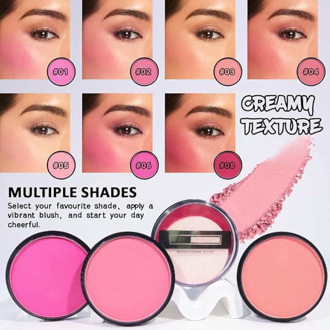 HHLTOH Natural Single Matte for Face Cheeks Blush with Makeup Powder Puff, Nude Pink Monochrome Blush Cream Powder Makeup Palette Blushes Long-lasting Color Blendable Foundation for Women Every Day 05