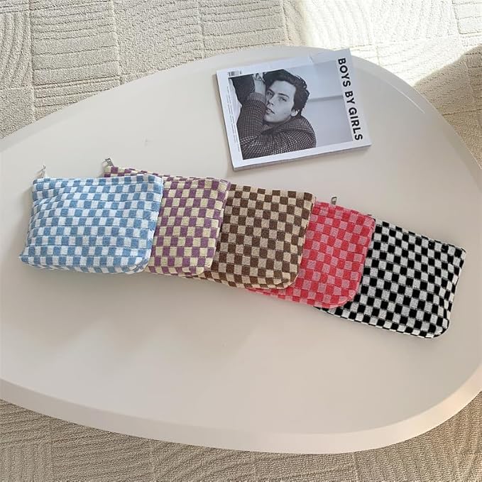 PAZIMIIK Checkered Makeup Bag for Purse, Small Flat Cosmetic Pouch,Coffee
