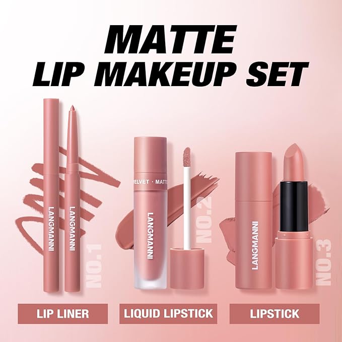 LANGMANNI 3 in 1 Matte Velvet Lipstick Set-Lip Liner,Lip Gloss and Lipstick Combo,Perfect for Natural Lip Contour,Waterproof And Longlasting Effect Lip Makeup,Unique Festival Gift (#03, Pack of 1)
