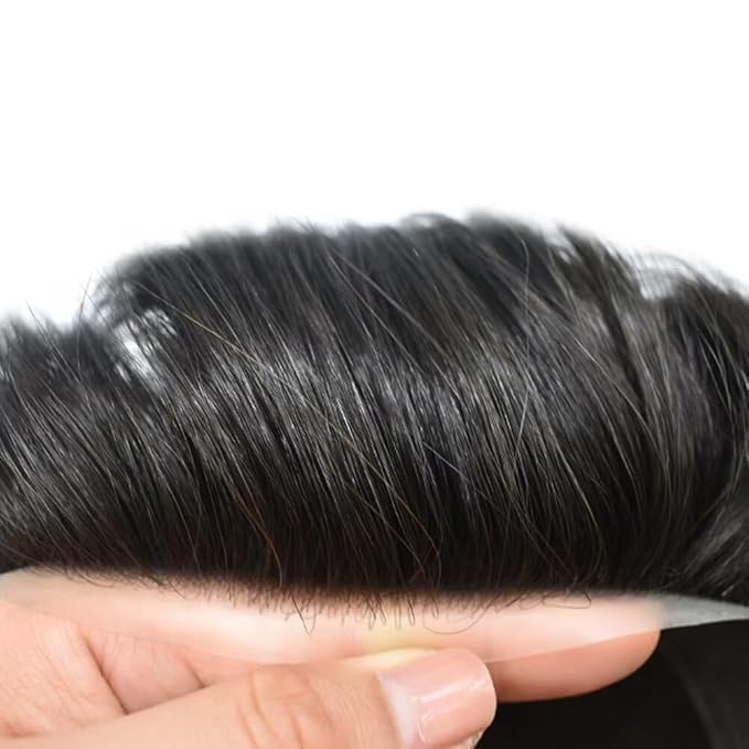 FACE MIRACLE Lace Front Mens Toupee Human Hair System Swiss Lace Center Toupee for Men Thin Skin PU Around Hair Replacement System V-Looped Mens Hair Wig Units 6"X9" 1#JET BLACK
