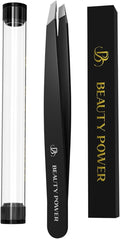 Beauty Power Tweezers for Women Facial Hair: Ultra Precision Tweezers for Women & Men, Sharp Slant Tweezer for Eyebrows, Ingrown Hair Removal. Professional Plucker + Case, German Stainless Steel Black