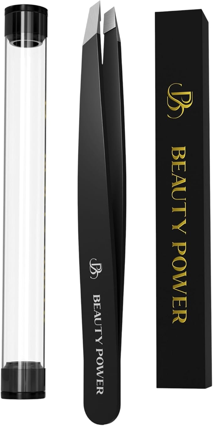 Beauty Power Tweezers for Women Facial Hair: Ultra Precision Tweezers for Women & Men, Sharp Slant Tweezer for Eyebrows, Ingrown Hair Removal. Professional Plucker + Case, German Stainless Steel Black