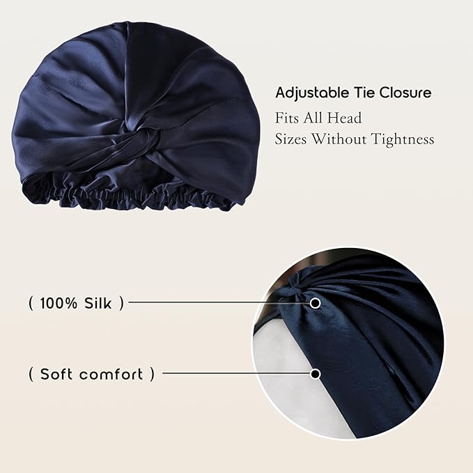 SYSERAN 100% Mulberry Silk Bonnet for Sleeping - Women Natural Curly Hair Night Cap Luxury Sleep Head Wrap with Elastic Band(Navy Blue)