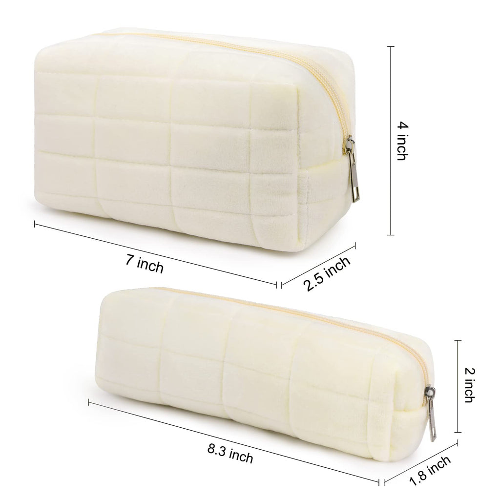 SOIDRAM Makeup Bag Checkered Cosmetic Bag Plush White Makeup Pouch 1Pcs Large Capacity Makeup Bags and 1Pcs Makeup Brushes Storage Bag Travel Toiletry Bag Organizer