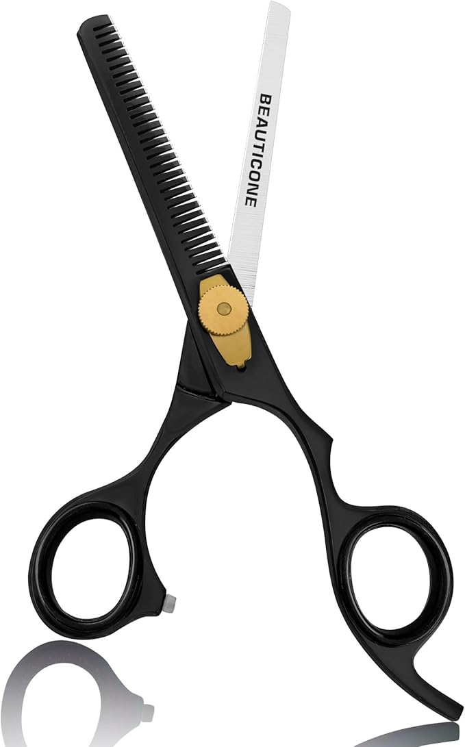 BEAUTICONE Professional Hair Thinning Scissors – Barber Texturizing Shears with Stainless Steel Teeth Blade, Leather Pouch Included, Salon Thinning Shears for Men & Women, Black