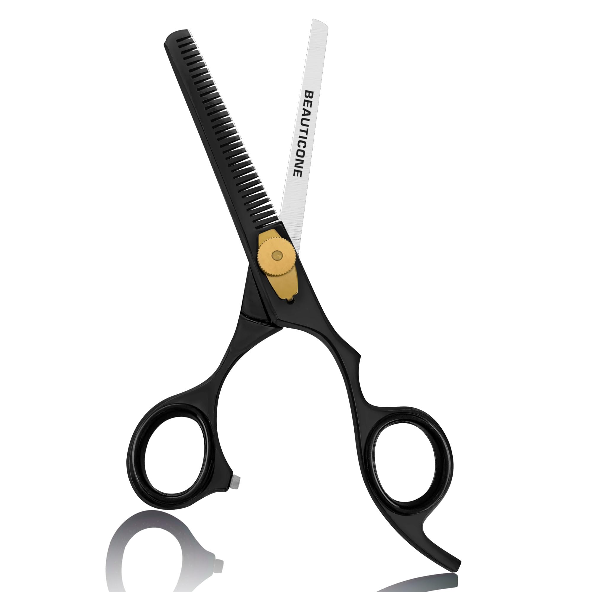 BEAUTICONE Professional Hair Thinning Scissors – Barber Texturizing Shears with Stainless Steel Teeth Blade, Leather Pouch Included, Salon Thinning Shears for Men & Women, Black