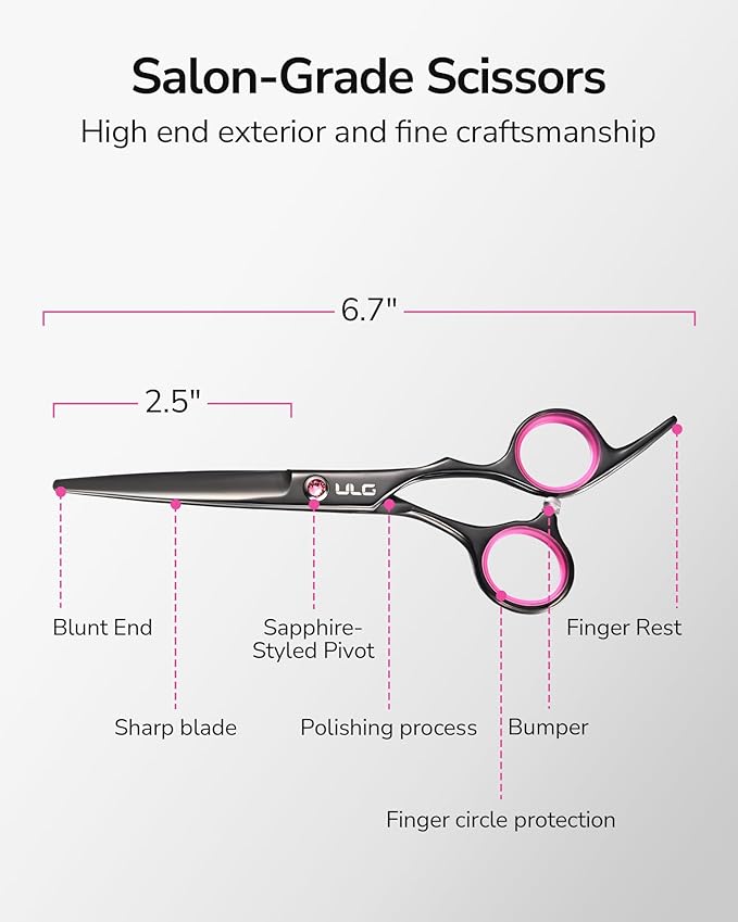 Hair Cutting Scissors, ULG Professional Hair Scissors 6.5 inch Right-Hand Razor Edge Barber Shears Salon Hair Cutting Shears Made of Japanese Stainless Steel, Hand Sharpened Black-Pink