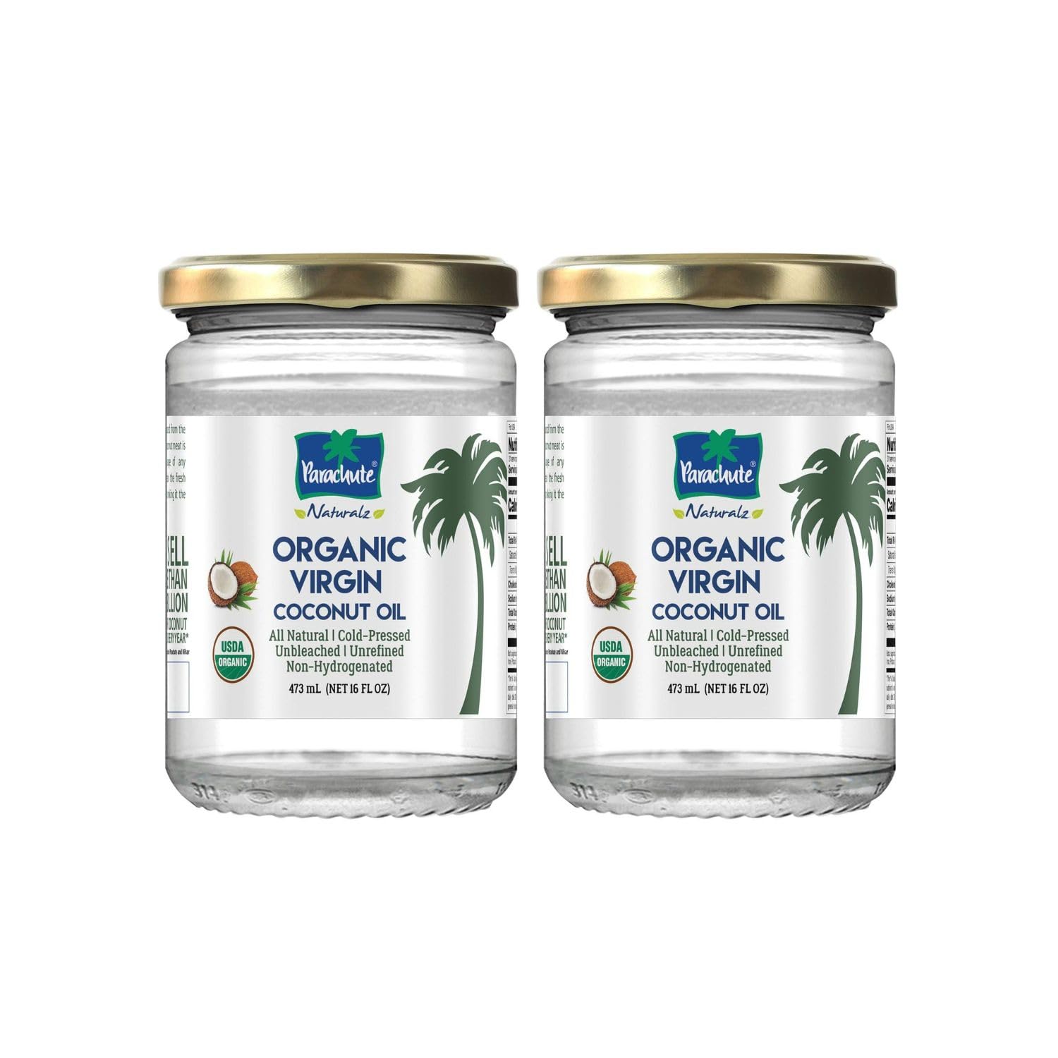 Parachute Naturalz Organic Virgin Coconut Oil | Cold Pressed | Unbleached | Unrefined | Non-Hydrogenated | MCT Oil | USDA Certified |16 Fl. Oz | Glass Jar | Pack of 2