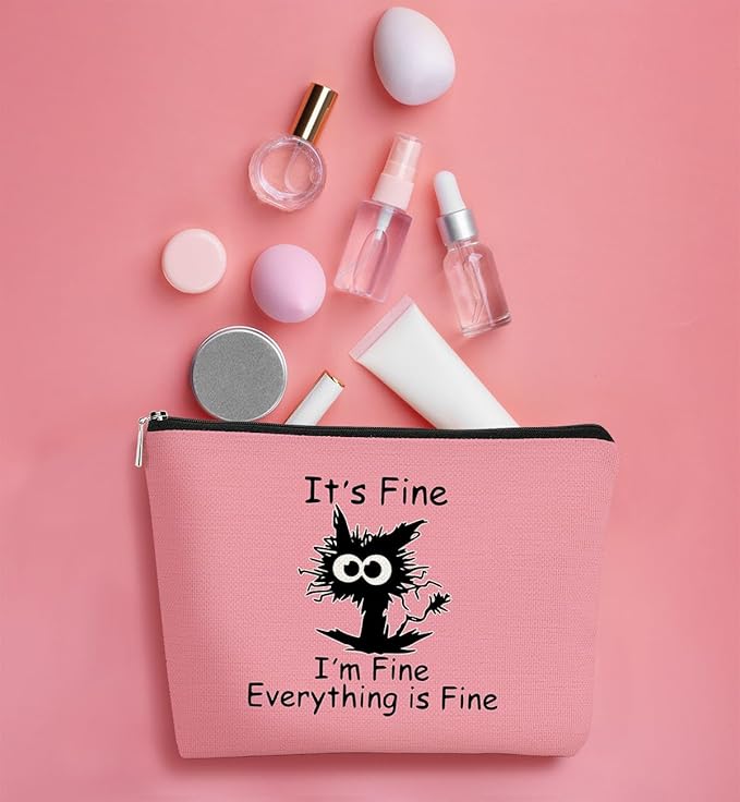 BARPERY Cat Makeup bag It's Fine Everything is Fine Inspirational Funny Cat Kitten,Cosmetic Bag Zipper Travel Toiletry Bag， Gift Idea for Cat Lovers Teen Girls,Cat Owners Gifts,Birthday Gift(Pink)