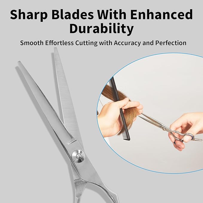 Homekoey Hair Cutting Scissors,6.5 Inch Professional Stainless Steel Barber Haircut Shears Razor,Sharp Blades,One Comb Included, For Salon Home Men Women Adults Kids Pet (Silver)
