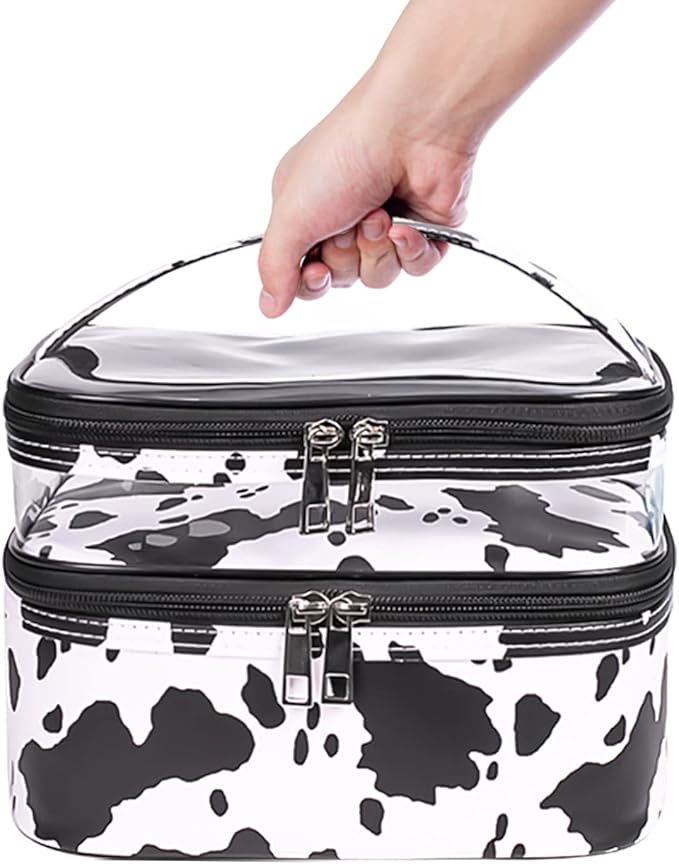 imerelez Double-layer Cosmetic Bag Makeup Bag Travel Makeup Bag Makeup Bags for Women Cosmetics Cases Portable Waterproof Foldable (Cow Print)