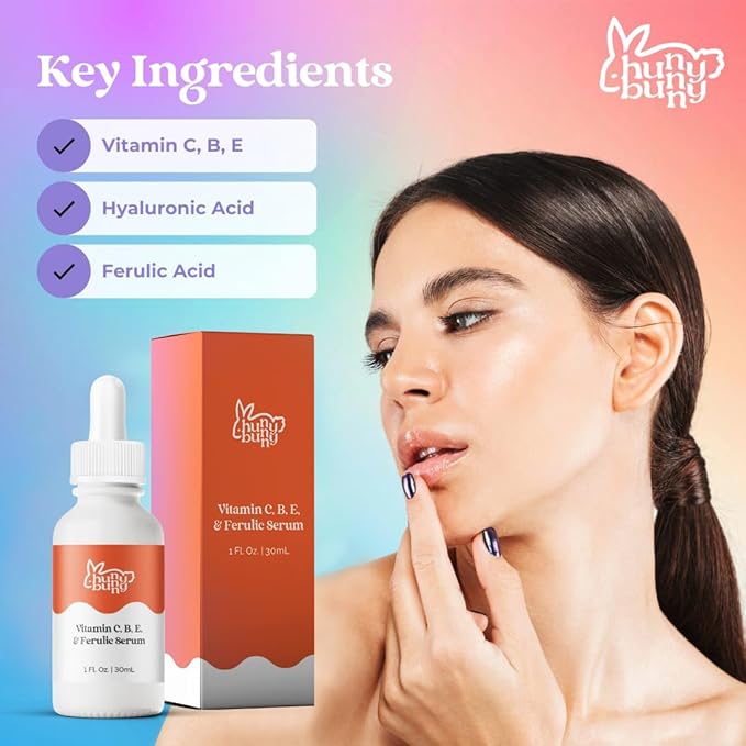 Hunny Bunny Vitamin C Serum for Face - Pure Brightening Dark Spots Sensitive Skin - Ferulic Acid, Niacinamide, L-Ascorbic Acid, Hyaluronic Acid, Vitamins B E, 1 Fl Oz