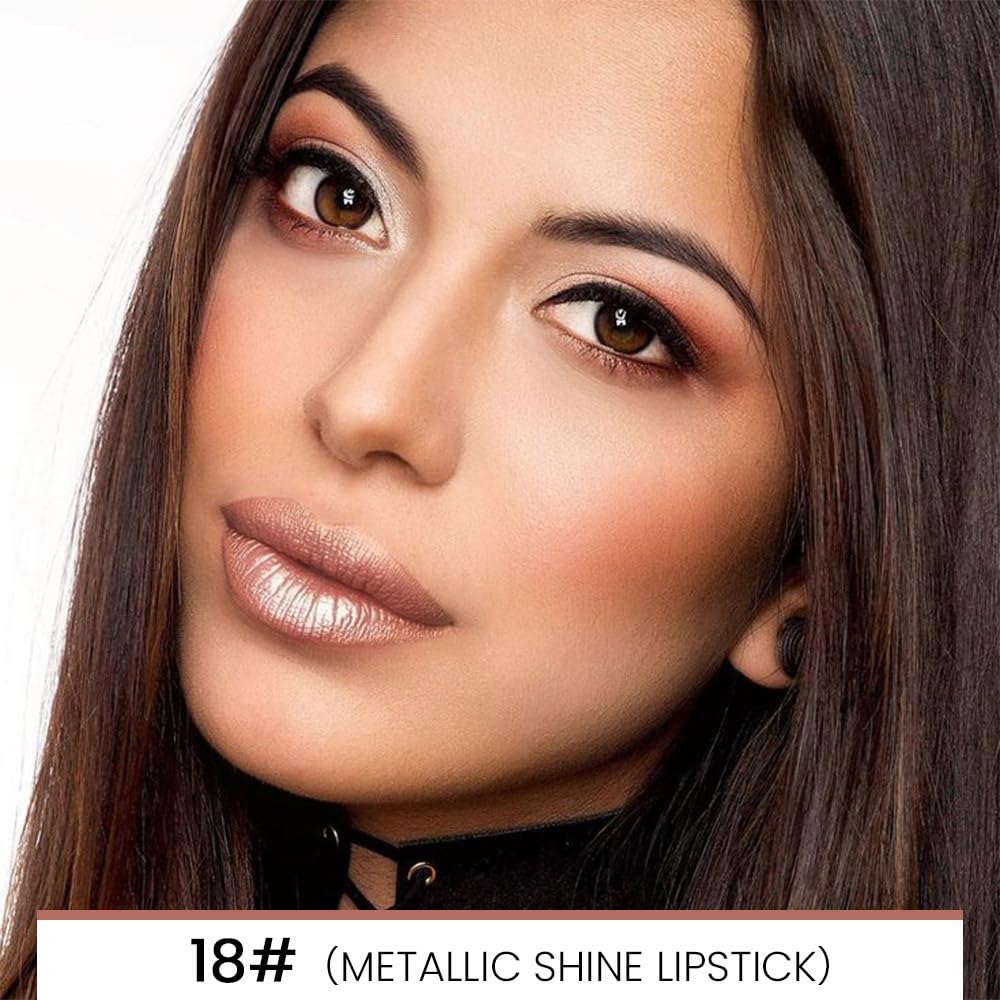 HHLTOH 2-in-1 Brown Lip Liner & Lipstick Set Kit for Women, Metallic Lips Kit with Lip Liner Lip Stains Long Lasting Waterproof 24 Hour Lipstick and Lip Liners Combo Lipliners Pencil Set 18