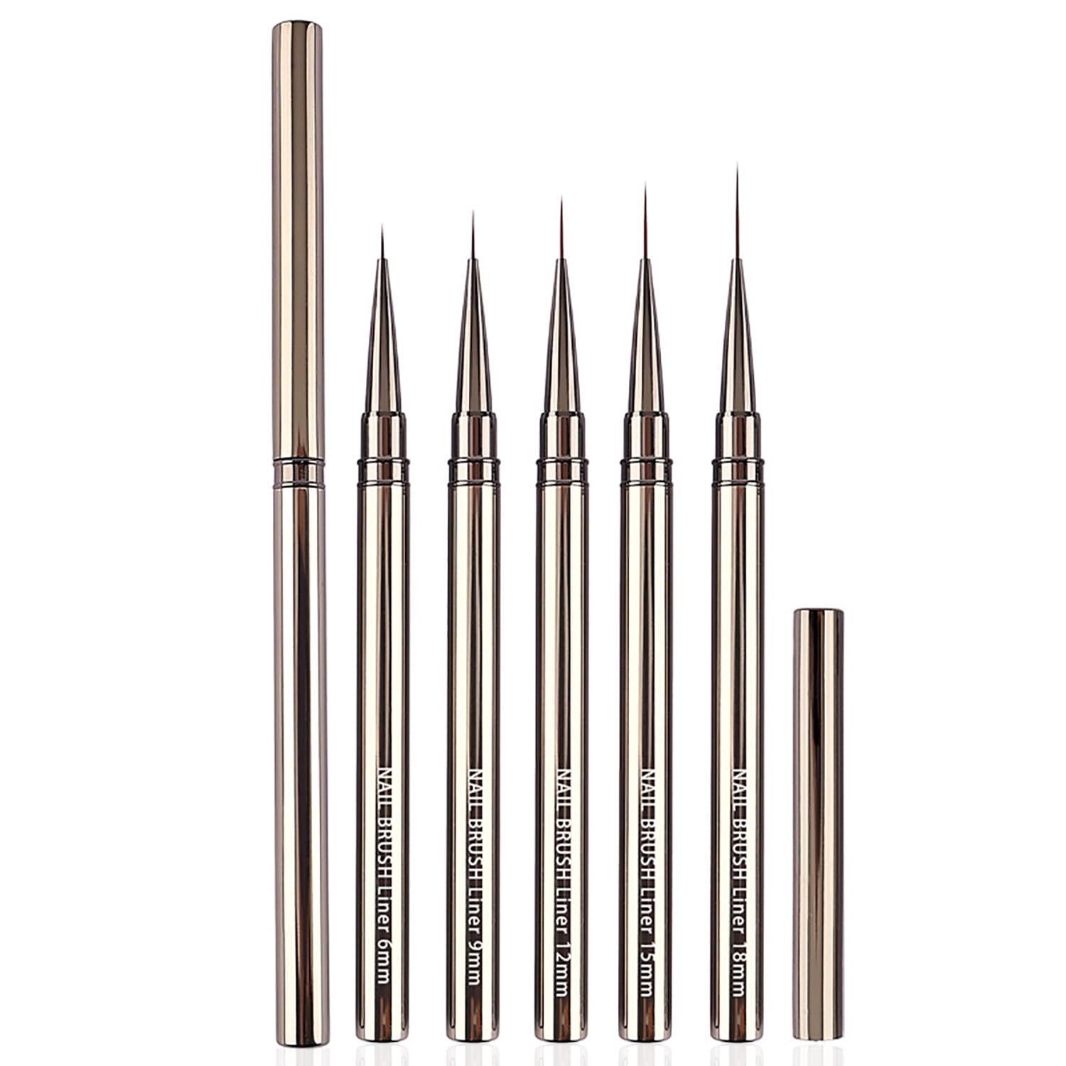 WOKOTO 5Pcs Liner Nail Art Brushes For Acrylic Nails Liner Brushes For Nails Champagne Handles Mix-Size 6mm 9mm 12mm 15mm 18mm Liner Nail Brushes Kit Thin Detail Nail Polish Detail Brushes Set