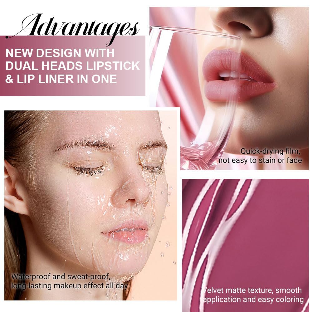 IATMOMOD 1Pcs 2 in 1 Rose Plum Matte Lip Liner and Liquid Lipstick Stain Makeup Set for women, Rose Long Lasting Smudge Proof Lip Tint Matte Finish Lip Gloss for All-Day Color Hold Easy to Use 28#