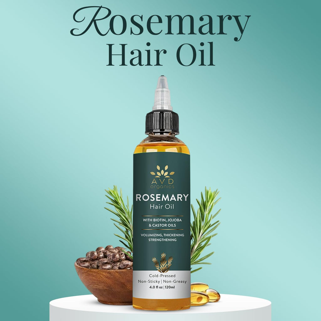 AVD ORGANICS Rosemary Oil for Hair Growth & scalp | Infused with Biotin | Hair Strengthening, Nourishing and Volumizing | infused with Jojoba & Castor Oil | NON - GMO 120ml