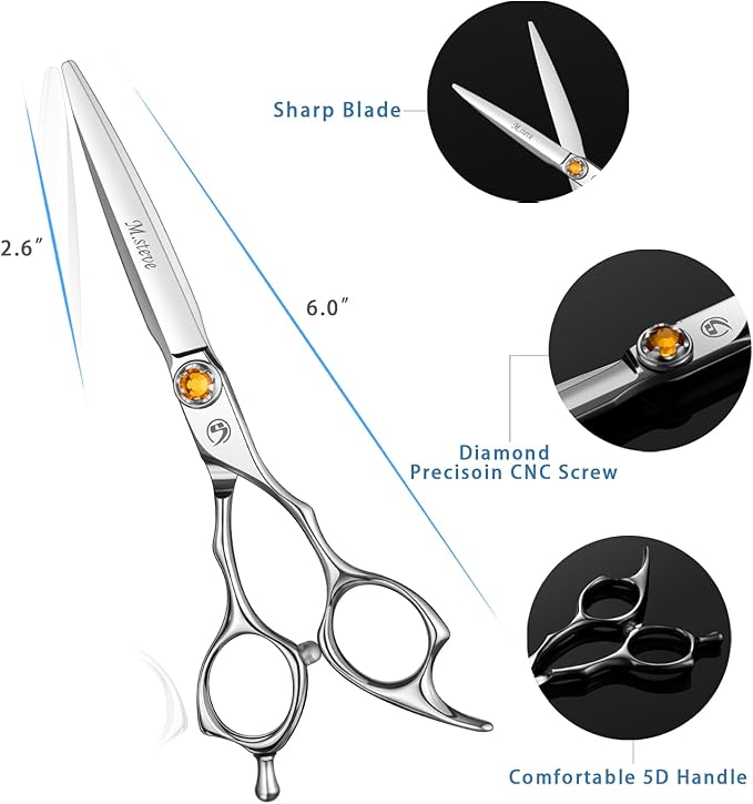 M.steve Professional Hair Cutting Scissors 6 Inch, VG10 Stainless Steel Barber Shears, Extremely Sharp Hairdressing Scissors for Salon & Home Use, Ambidextrous Left Right Hand