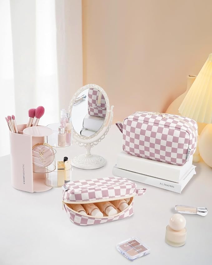 Narwey Checkered Makeup Bag, Travel Cosmetic Bag Organizer, Toiletry Bag Make Up Bags with Organized Pockets for Women (Dusty Rose Checkerboard, Large)